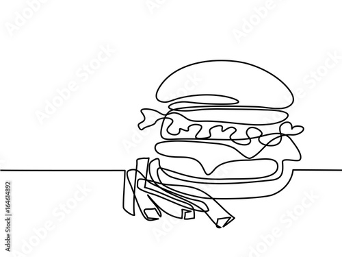 Fototapeta Continuous line drawing. Big Hamburger with French fries Fast food. Vector illustration black line on white background.