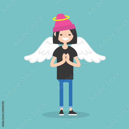 Young female character wearing angel costume: nimbus and wings / flat editable vector illustration, clip art