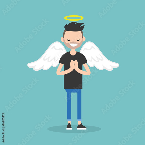 Young character wearing angel costume: nimbus and wings / flat editable vector illustration, clip art