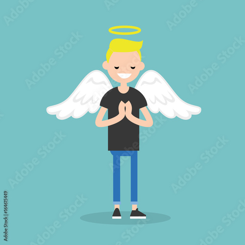 Young character wearing angel costume: nimbus and wings / flat editable vector illustration, clip art