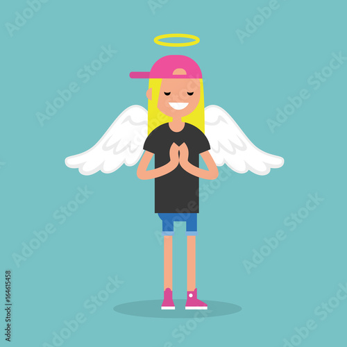 Young female character wearing angel costume: nimbus and wings / flat editable vector illustration, clip art