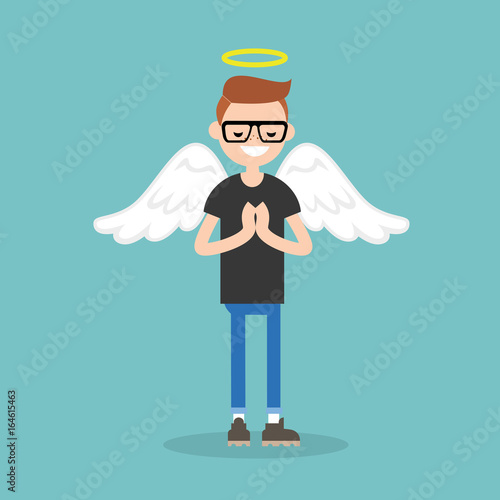 Young character wearing angel costume: nimbus and wings / flat editable vector illustration, clip art
