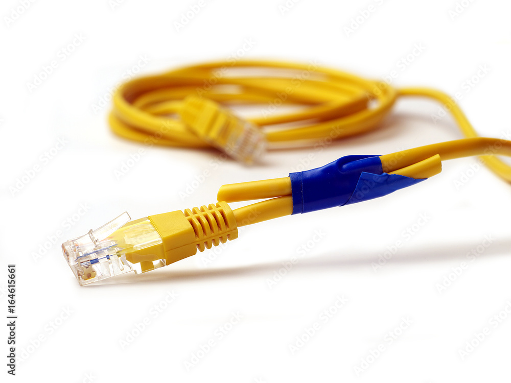 broken network cable connected anyhow with insulating tape on white background, broken network cable connected anyhow with insulating tape on white background,