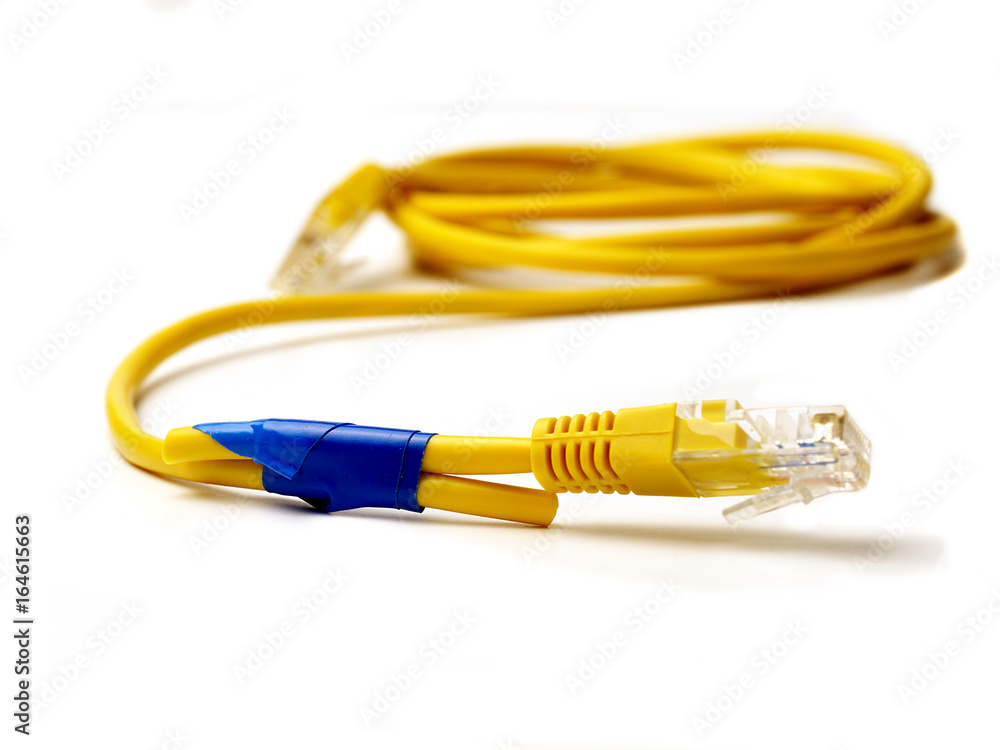 broken network cable connected anyhow with insulating tape on white background, broken network cable connected anyhow with insulating tape on white background,