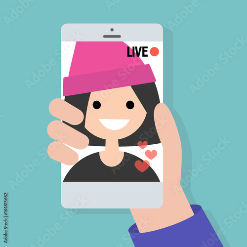 Live stream. Live translation on a smartphone screen / flat editable vector illustration, clip art