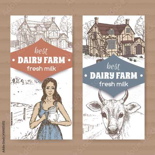 Two dairy color farm shop labels with farmhouse, milkmaid and cow on white.