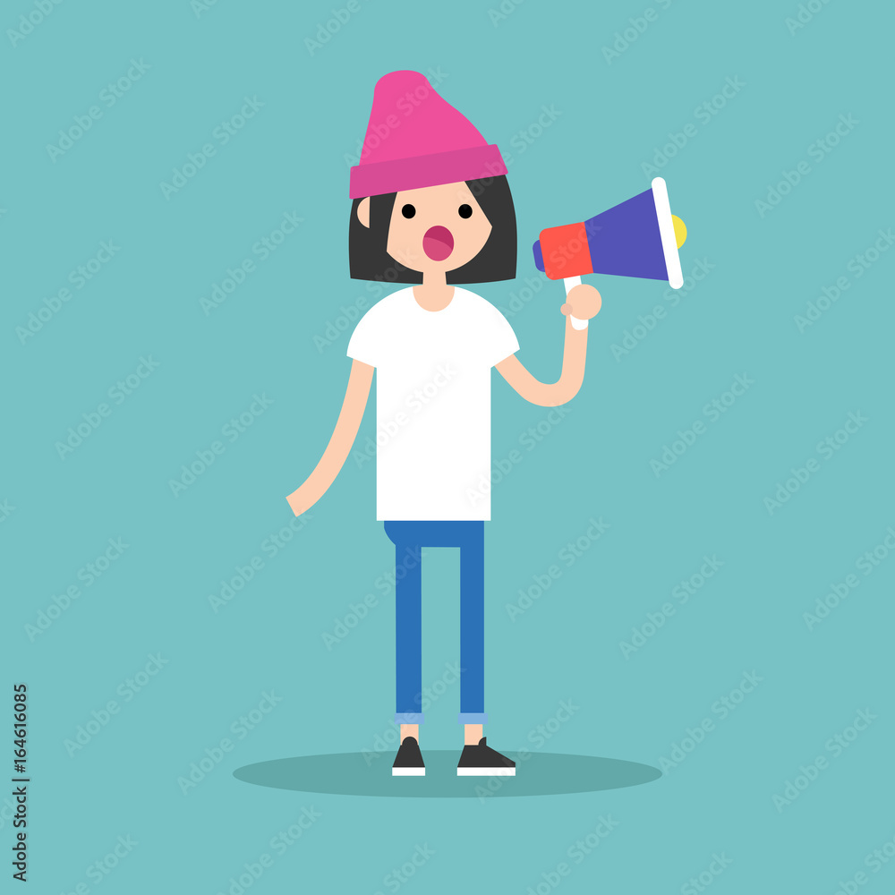 Young female character speaking through megaphone / flat editable vector illustration, clip art Young female character speaking through megaphone / flat editable vector illustration, clip art