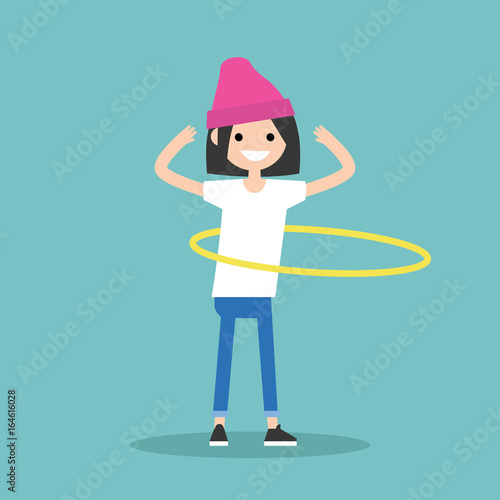Young female character twirling a hoop around the waist / flat editable vector illustration, clip art