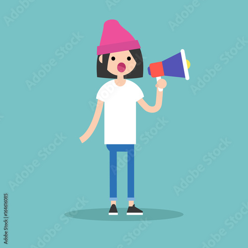 Young female character speaking through megaphone / flat editable vector illustration, clip art