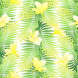 Green palm tropical seamless pattern with yellow flowers