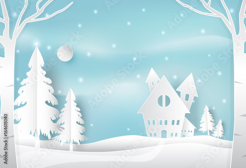 Winter holiday and snow in countryside with blue. Christmas season paper art style