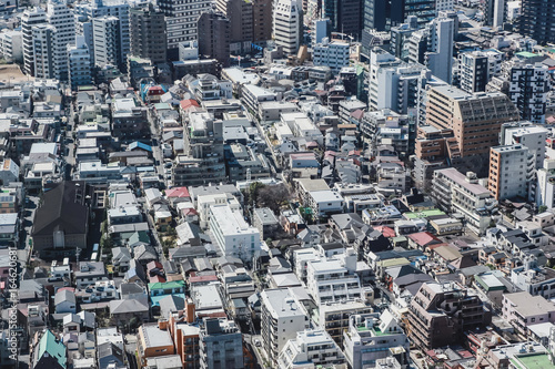 Big city in Japan top view with many buildings and streets. Architecture and business background