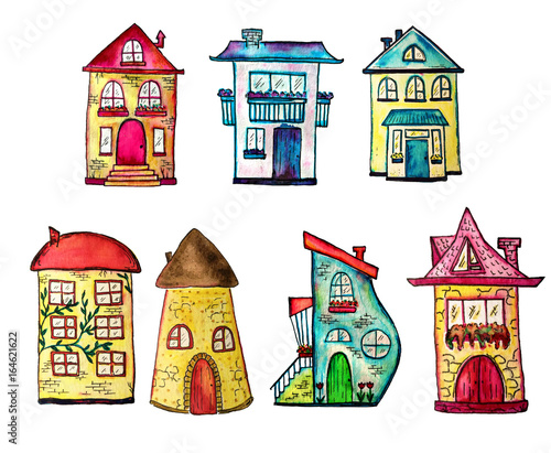 Cute watercolor painted houses set. Can be used for cute print design for greeting holiday card or fashion design.