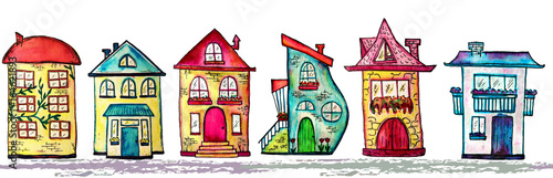 Watercolor city seamless line. Cute houses background. Raster illustration