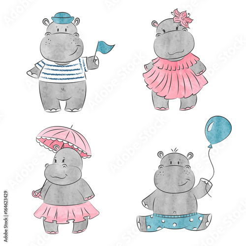 Set of cute cartoon baby Hippo. Vector watercolor illustration.