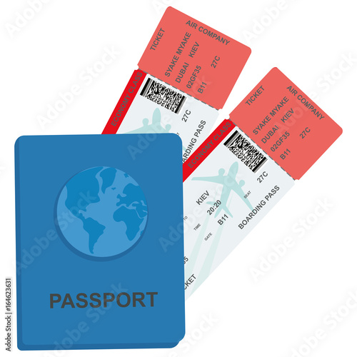 Passport and two airline boarding pass ticket with airplane with QR code. Travel сoncept. Isolated on white. Vector illustration AI10