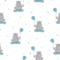 Wandcirkels Dieren met ballon patronen Schattige nijlpaardjes patroon voor babykamer  © Afanasia