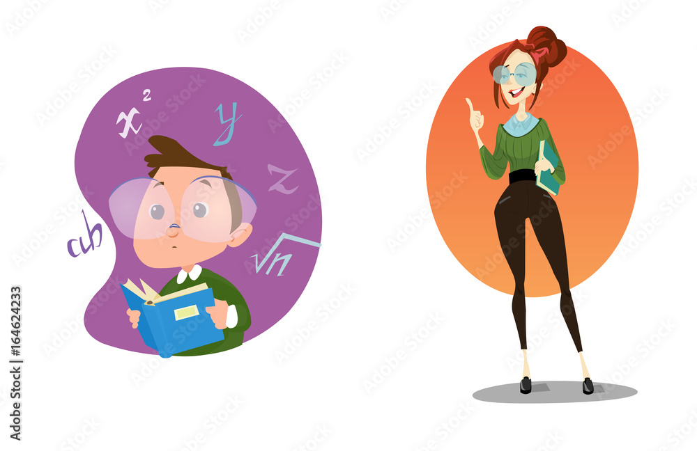 Digital vector funny comic cartoon stylish teacher with glasses and a book  explaining the lesson, smart kid genius, hand drawn illustration, abstract  realistic flat style Stock Vector | Adobe Stock