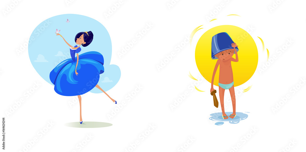 Digital vector funny comic cartoon fairytale princess girl in blue dress dancing with butterflyes at a ball, royal shoes and collar, small kid with a blue buck on head, hand drawn illustration Digital vector funny comic cartoon fairytale princess girl in blue dress dancing with butterflyes at a ball, royal shoes and collar, small kid with a blue buck on head, hand drawn illustration