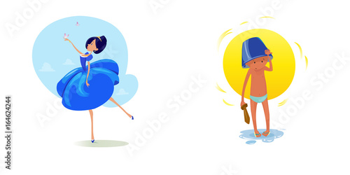 Digital vector funny comic cartoon fairytale princess girl in blue dress dancing with butterflyes at a ball, royal shoes and collar, small kid with a blue buck on head, hand drawn illustration