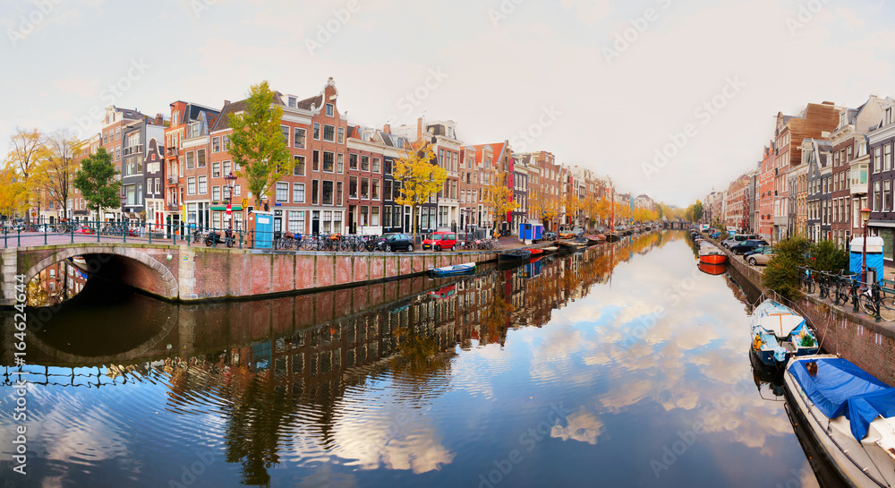 Amsterdam city view with canals and bridges