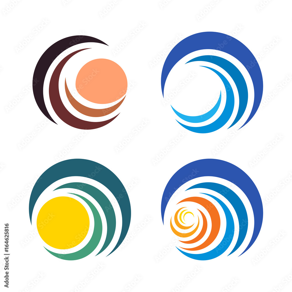 Wave and sun, sunset and sunrise logos. Isolated abstract decorative logo set, design element template on white background Wave and sun, sunset and sunrise logos. Isolated abstract decorative logo set, design element template on white background