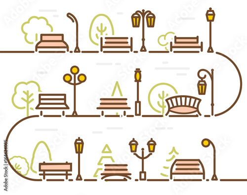 Linear abstract street with park elements. Forest tree, park bench and lantern, vector illustration.