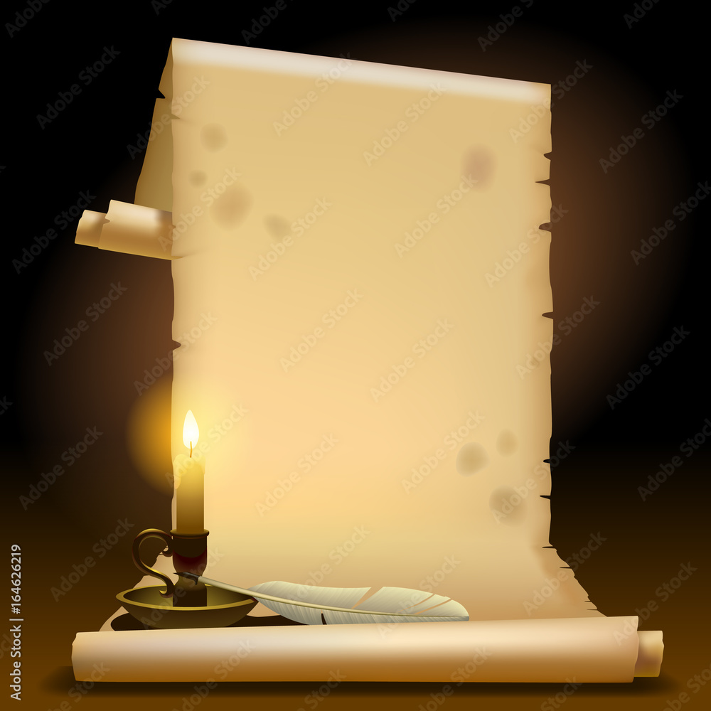 Fotografie Old parchment with a candle light and feather