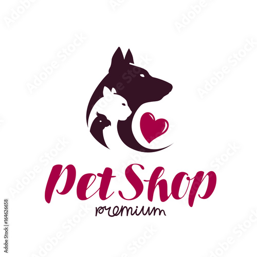 Pet shop logo. Animal shelter, dog, cat, parrot icon or label. Lettering vector illustration