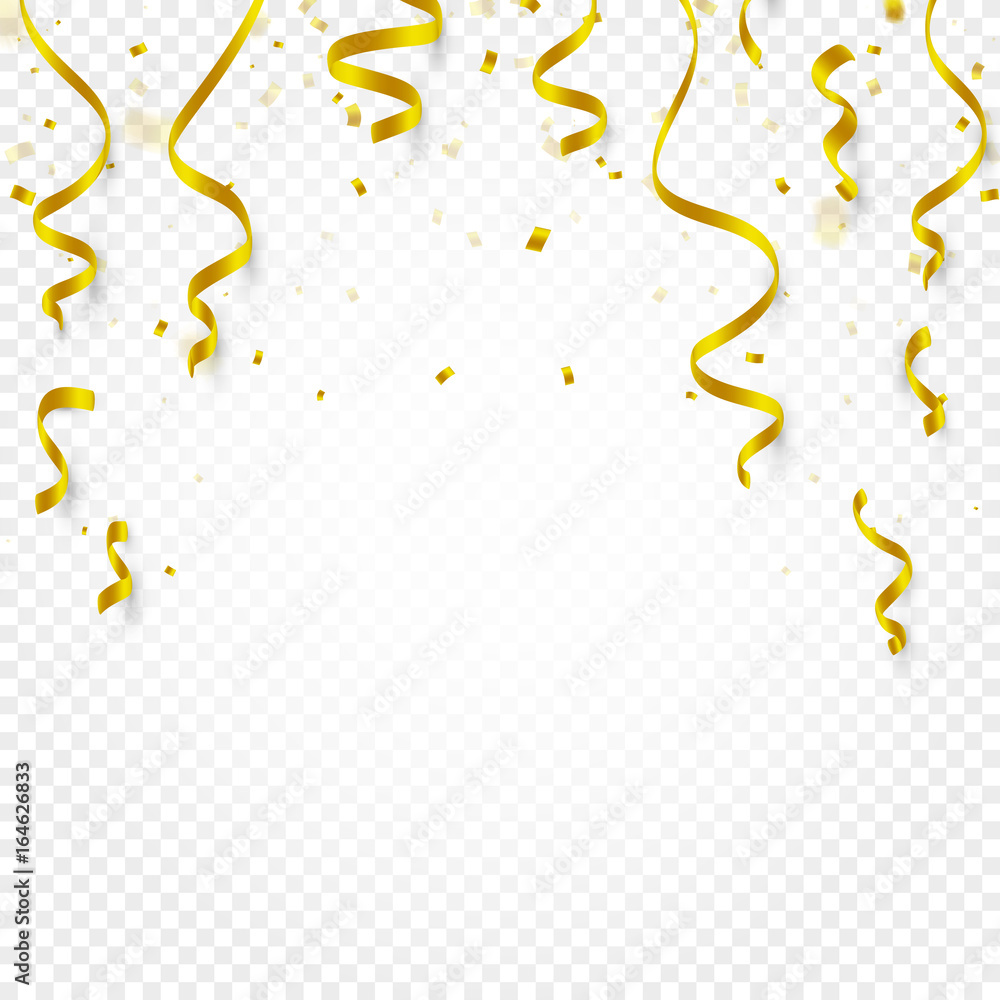 Gold confetti falling and serpentine and ribbons on white transparent  background vector illustration. Party, festival, fiesta design decor poster  element. Stock Vector | Adobe Stock