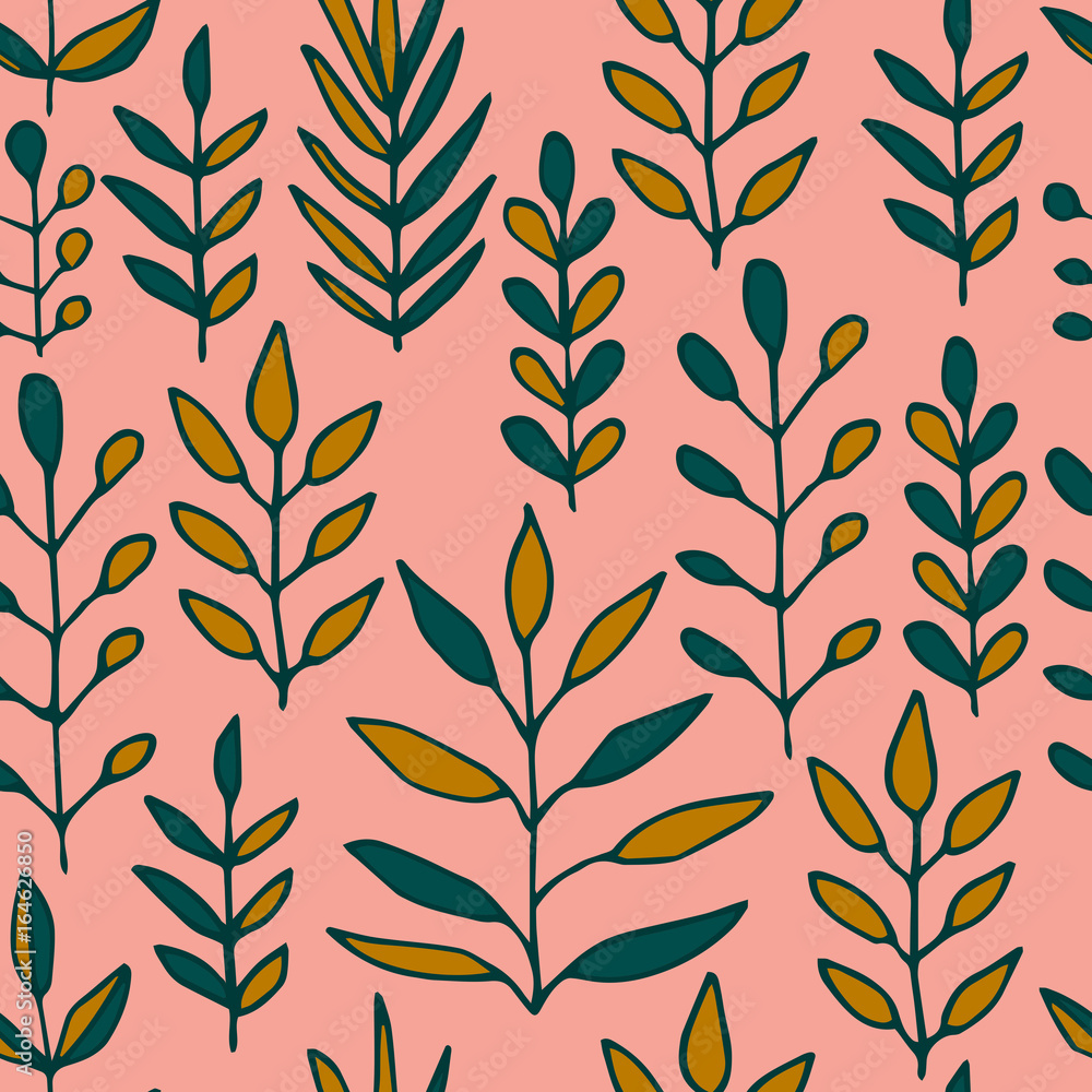 Cute handmade floral seamless pattern with branches and leaves. Vector illustration.