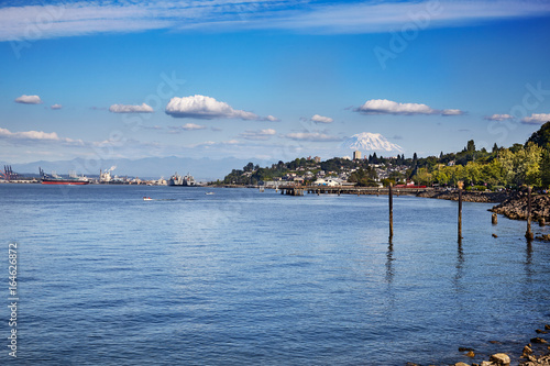 Port of Tacoma with Mount Rainier in the background in beautiful Commencement Bay photo