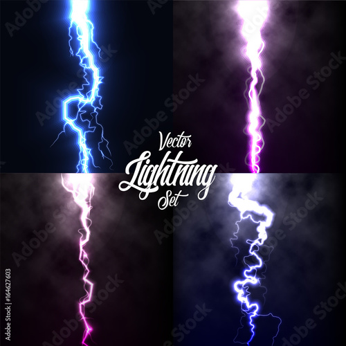 Lightning flash light thunder spark on black background with clouds set.Vector spark lightning or electricity blast storm or thunderbolt in sky.Natural phenomenon of human nerve or neural cells system