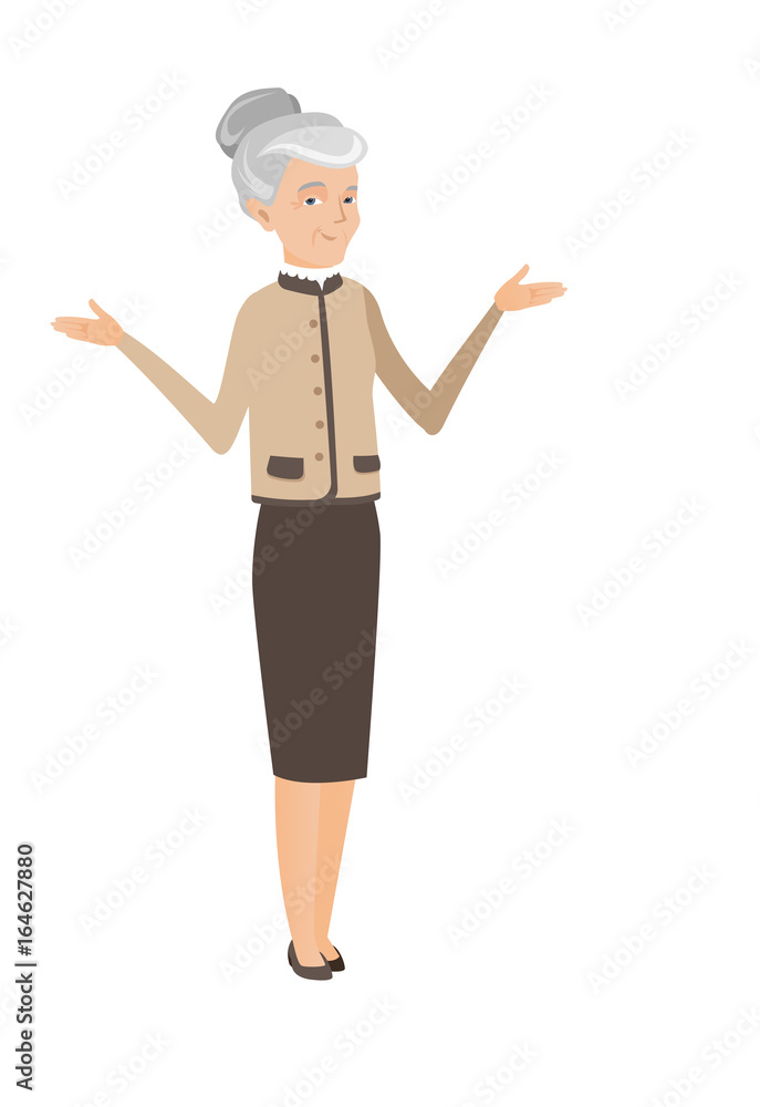 Caucasian confused business woman with spread arms Caucasian confused business woman with spread arms