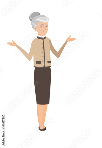 Caucasian confused business woman with spread arms