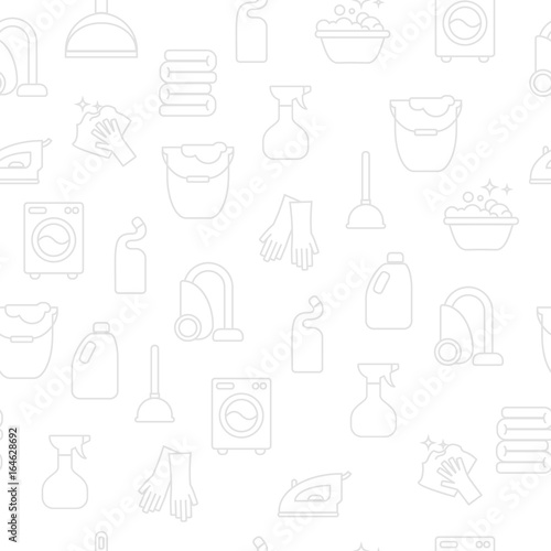 Cleaning, wash line icons. Washing machine, sponge, mop, iron, vacuum cleaner, shovel clining background. Order in the house thin linear backdrop for cleaning.