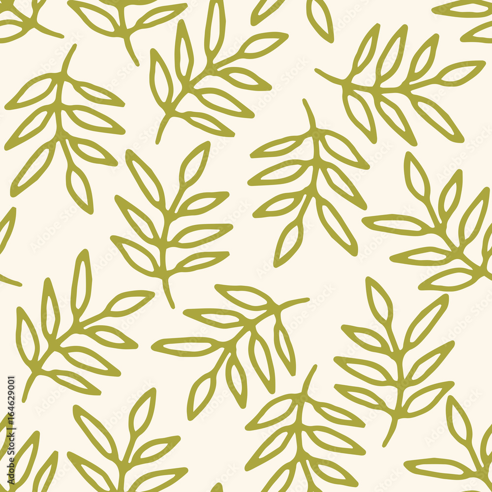 Floral seamless pattern with hand drawn doodle branches with leaves. Cute thin line summer ornament. Vector illustration.