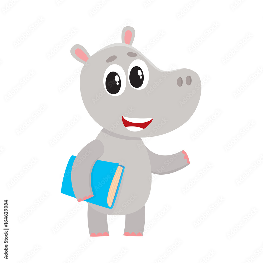 Cute little hippo student character standing with book under arm, cartoon vector illustration isolated on white background. Little hippo animal student character with a book, back to school concept Cute little hippo student character standing with book under arm, cartoon vector illustration isolated on white background. Little hippo animal student character with a book, back to school concept