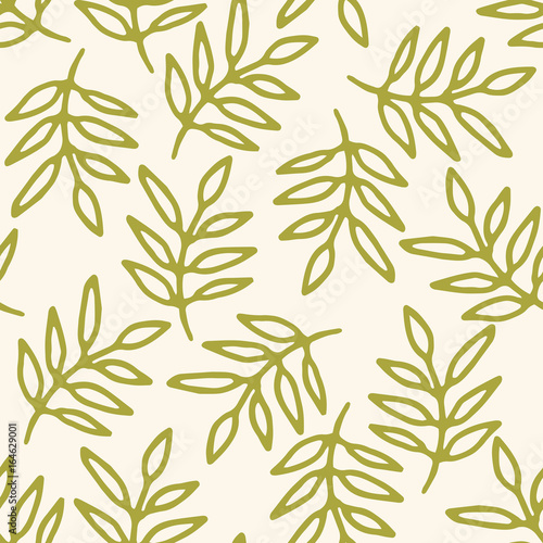 Floral seamless pattern with hand drawn doodle branches with leaves. Cute thin line summer ornament. Vector illustration. © _aine_