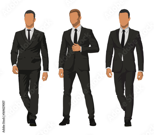 Business people, set of three characters in dark suits. Front view