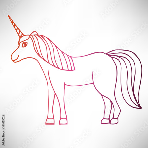 Cute hand drawn full-length smiling unicorn in profile of colorful thin line contour isolated on white background. Vector illustration.