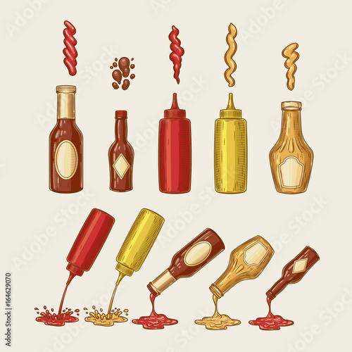 Vector illustration of an engraving style set of different sauces are poured from bottles. Ketchup, mayonnaise, mustard, chilli sauce and others