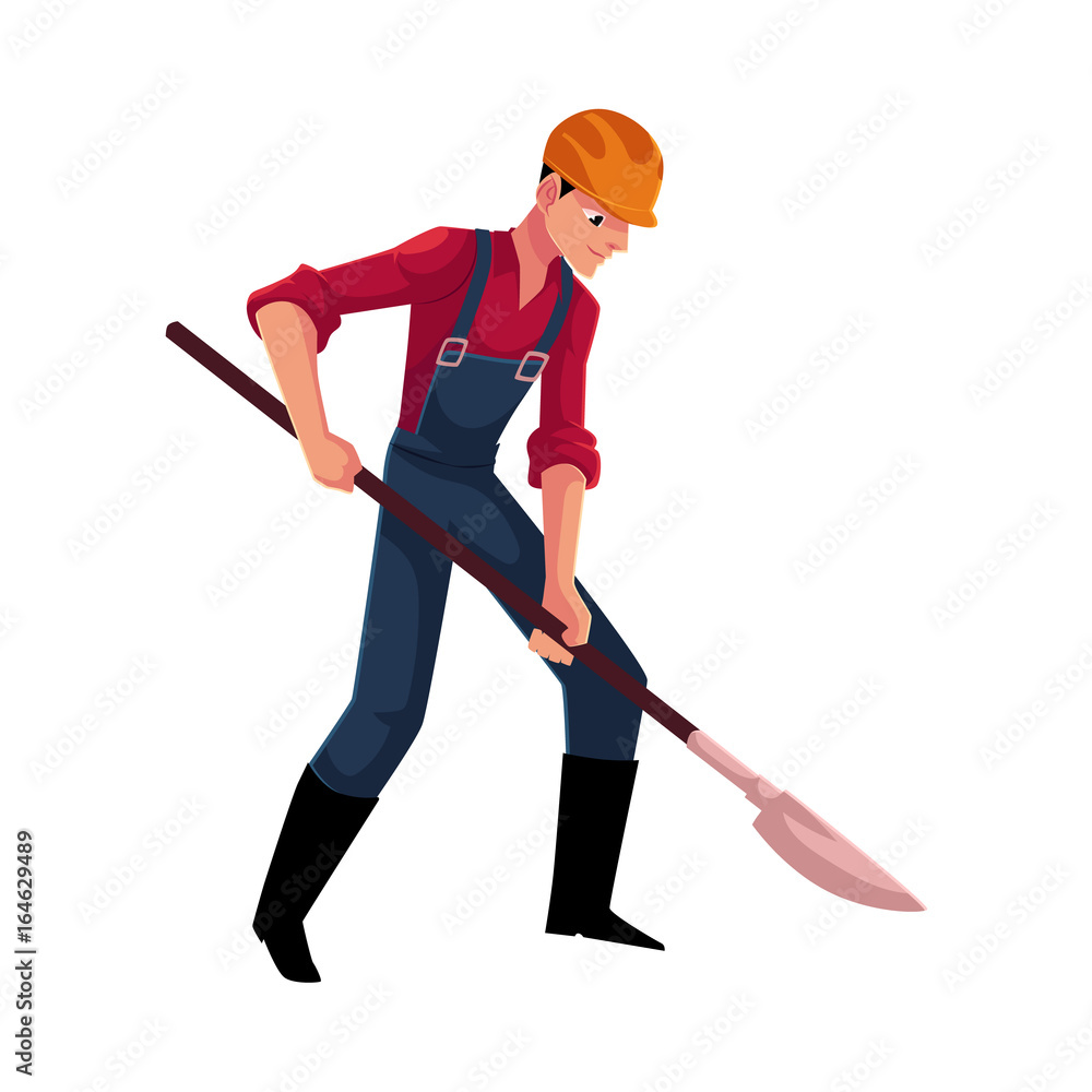 Construction worker, builder in overalls and hardhat digging with shovel, cartoon vector illustration isolated on white background. Full length portrait of builder, worker digging on construction site Construction worker, builder in overalls and hardhat digging with shovel, cartoon vector illustration isolated on white background. Full length portrait of builder, worker digging on construction site