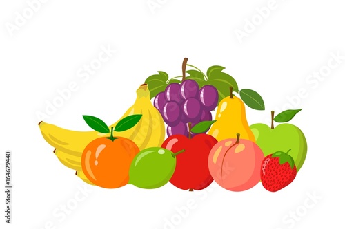 Heap of natural fruits isolated on white background. Cartoon and flat style. Vector illustration