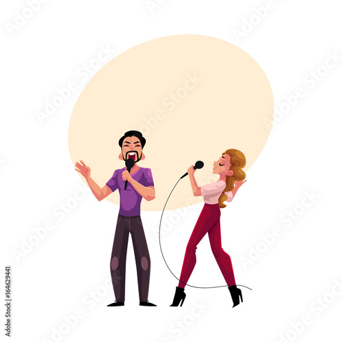 Man and woman, couple singing in duet, karaoke party, contest, competition, cartoon vector illustration with space for text. Two karaoke singers, man woman, male female, singing together