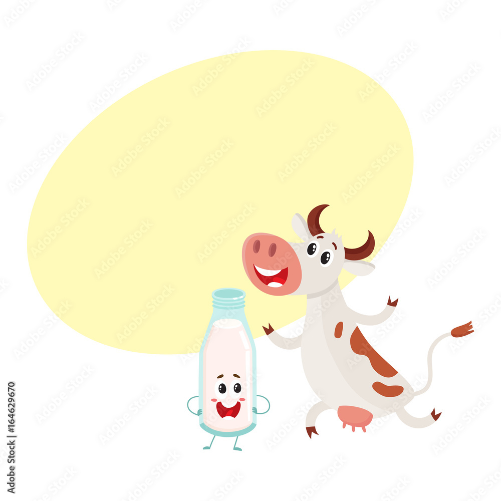 Funny farm cow and milk bottle characters with smiling human faces, cartoon vector illustration with space for text. Cute and funny cow and milk bottle characters, standing and smiling