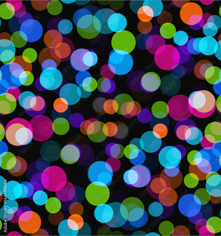 Night lights. Seamless bokeh vector background. Colorful transparent circle pattern on black backdrop.
