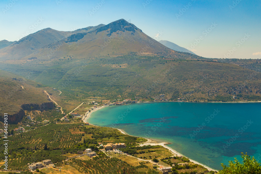 Top view of Neo Itilo bay, located in southern Peloponnese, Mani area in Lakonia, Greece.