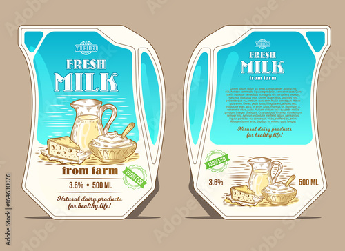 Vector illustration in the engraving style,  design packaging for milk,  lean pack in the form of a jug with hand-drawn milk products. Eco-friendly packaging for natural milk and liquid dairy products