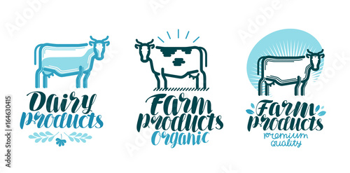 Dairy products, label set. Cow, farm animal, milk, beef icon or logo. Lettering vector illustration